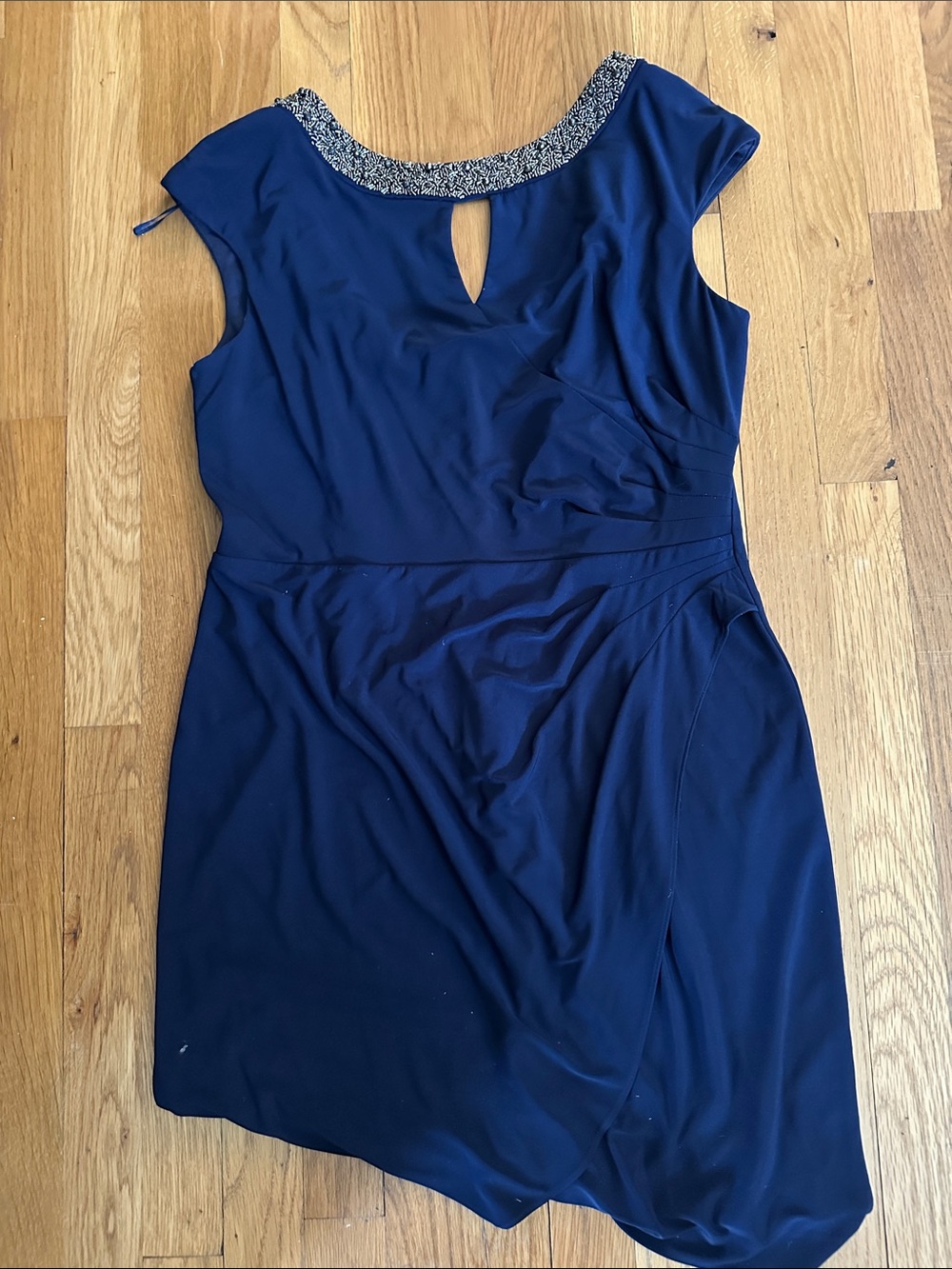 Alex Evenings Navy Cap-Sleeve Sheath Dress with Beaded Neckline